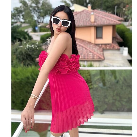 BLOGGER'S FAVE! Zara Pleated Ruffle Mini Dress Red NWT - Picture 12 of 16